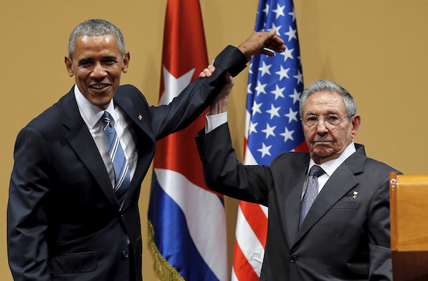 U.S. President Barack Obama and Cuban President Raul Castro gesture after a news conference as part of President Obama's three-day visit to Cuba, in Havana March 21, 2016. REUTERS/Carlos Barria - RTSBJ7Z